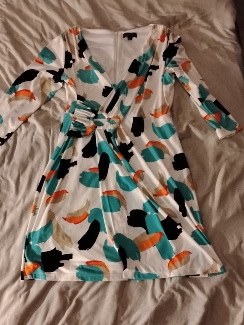 Tahari White Wrap Dress with Teal, Orange & Black Abstract Print